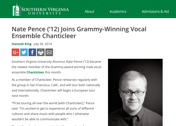 Nate Pence (’12) Joins Grammy-Winning Vocal Ensemble Chanticleer
